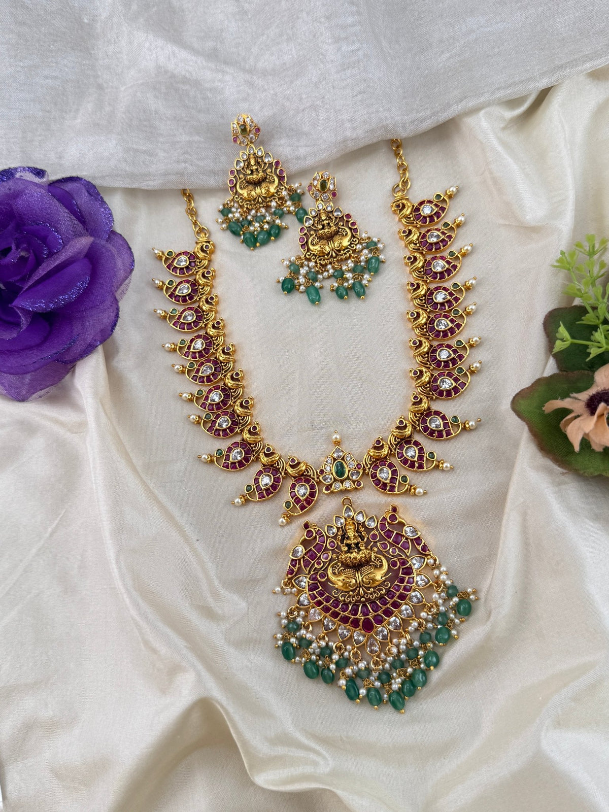 Antique Jadau Lakshmi Mid Long Necklace Pendant Set | 263 - Mahilas