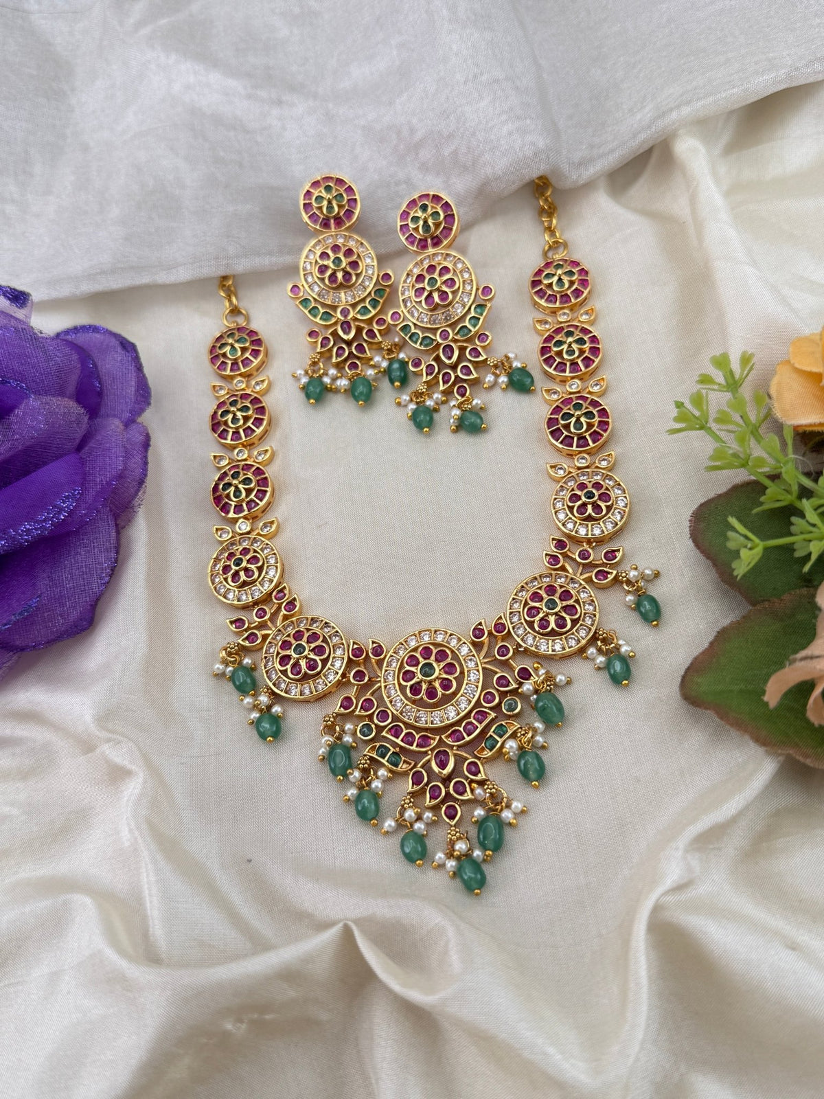 Antique Jadau Mid Long Necklace Pendant Set | 260 - Mahilas