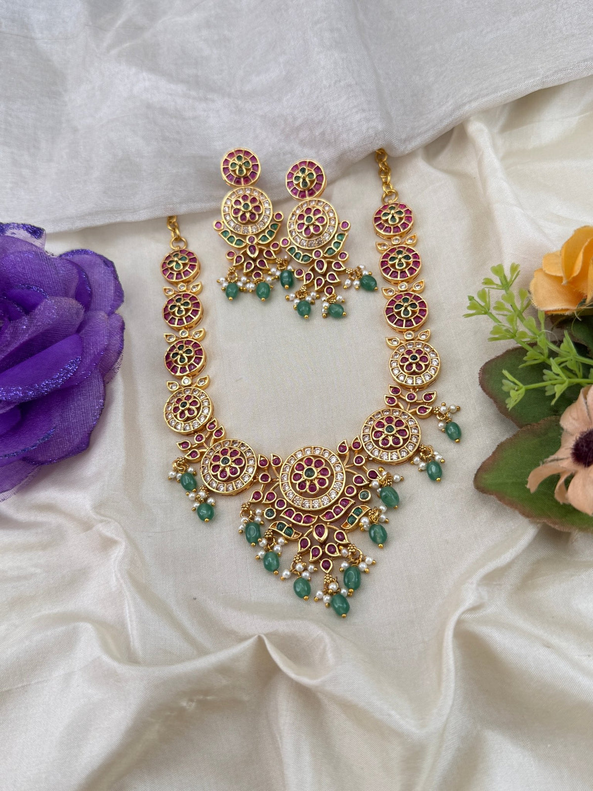 Antique Jadau Mid Long Necklace Pendant Set | 260 - Mahilas
