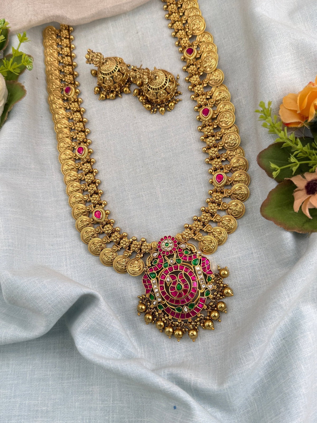 Antique Kasu Jadau Kundan Pendant Long Necklace Set | 0112 - Mahilas