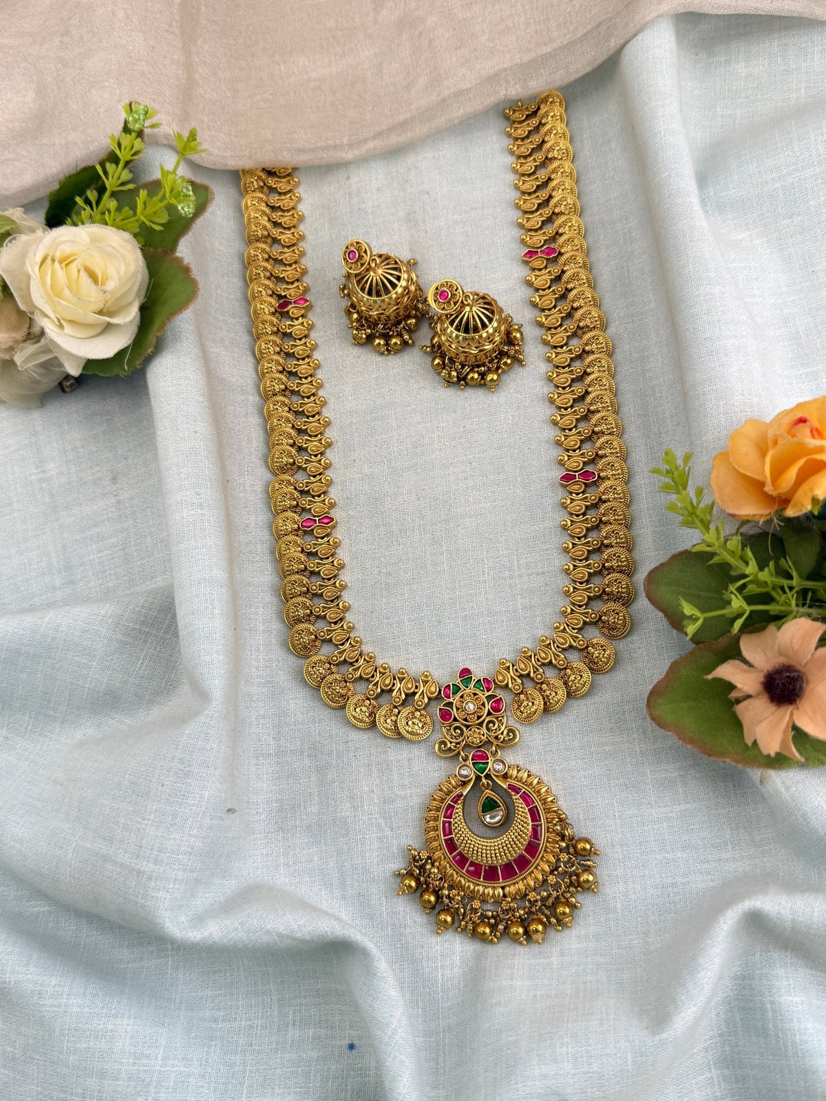 Antique Kasu Jadau Kundan Pendant Long Necklace Set | 0123 - Mahilas