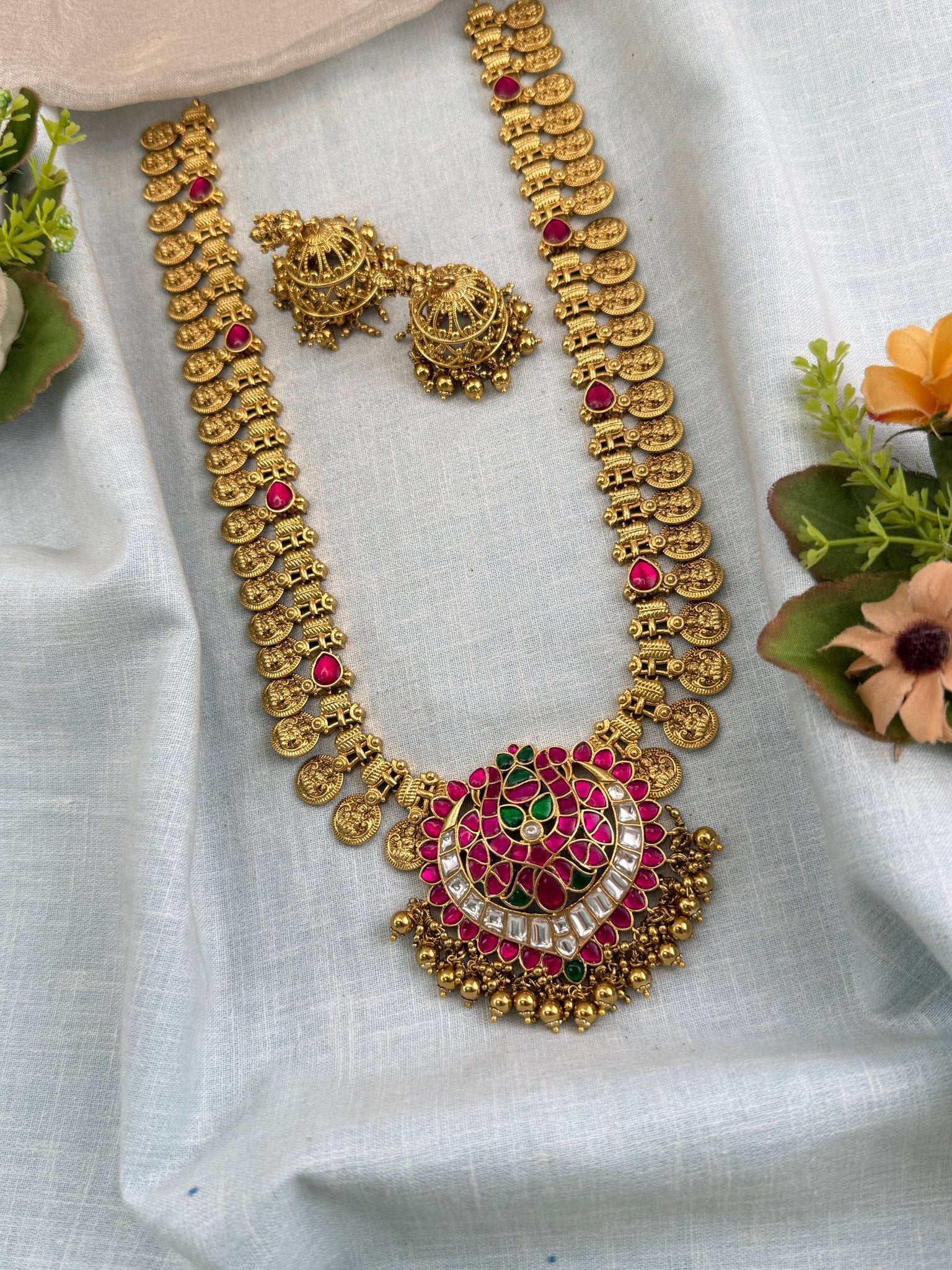 Antique Kasu Jadau Kundan Pendant Long Necklace Set | 0140 - Mahilas