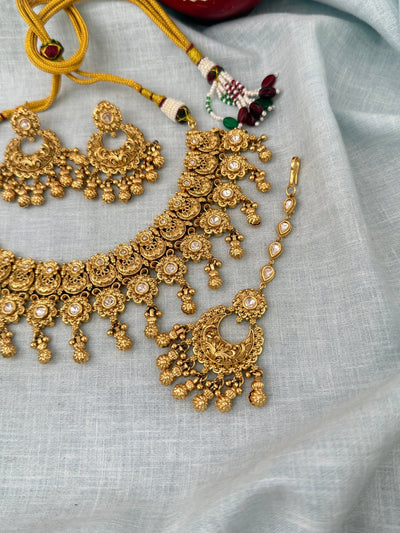 Antique Kundan Grand Necklace With Maang Tikka Short Set | N1286 - Mahilas