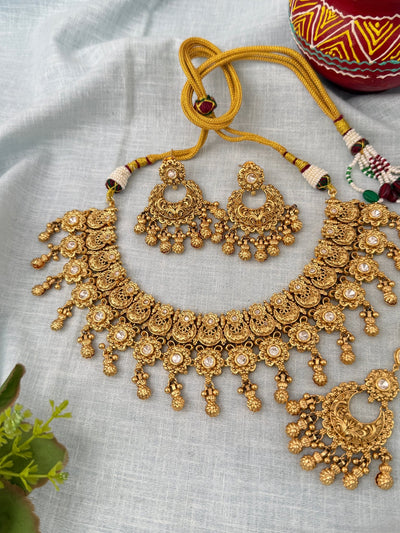 Antique Kundan Grand Necklace With Maang Tikka Short Set | N1286 - Mahilas