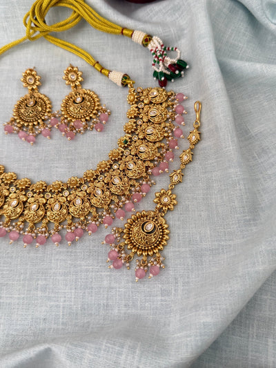Antique Kundan Grand Necklace With Maang Tikka Short Set | N1297 - Mahilas