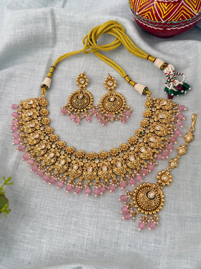 Antique Kundan Grand Necklace With Maang Tikka Short Set | N1297 - Mahilas