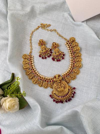 Antique Lakshmi Kasu Short Neacklace Set | N0536 - Mahilas
