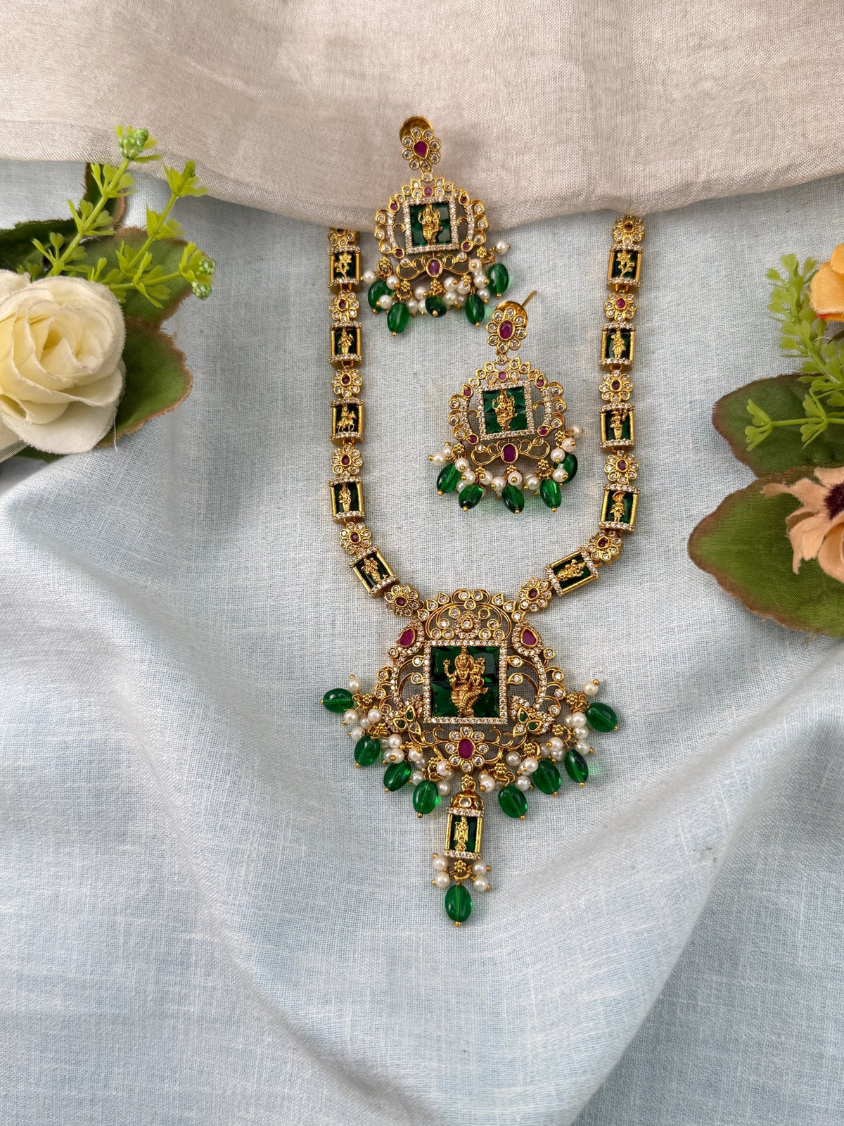 Antique Lakshmi Narasimha Stone Short Necklace Set | 077 - Mahilas