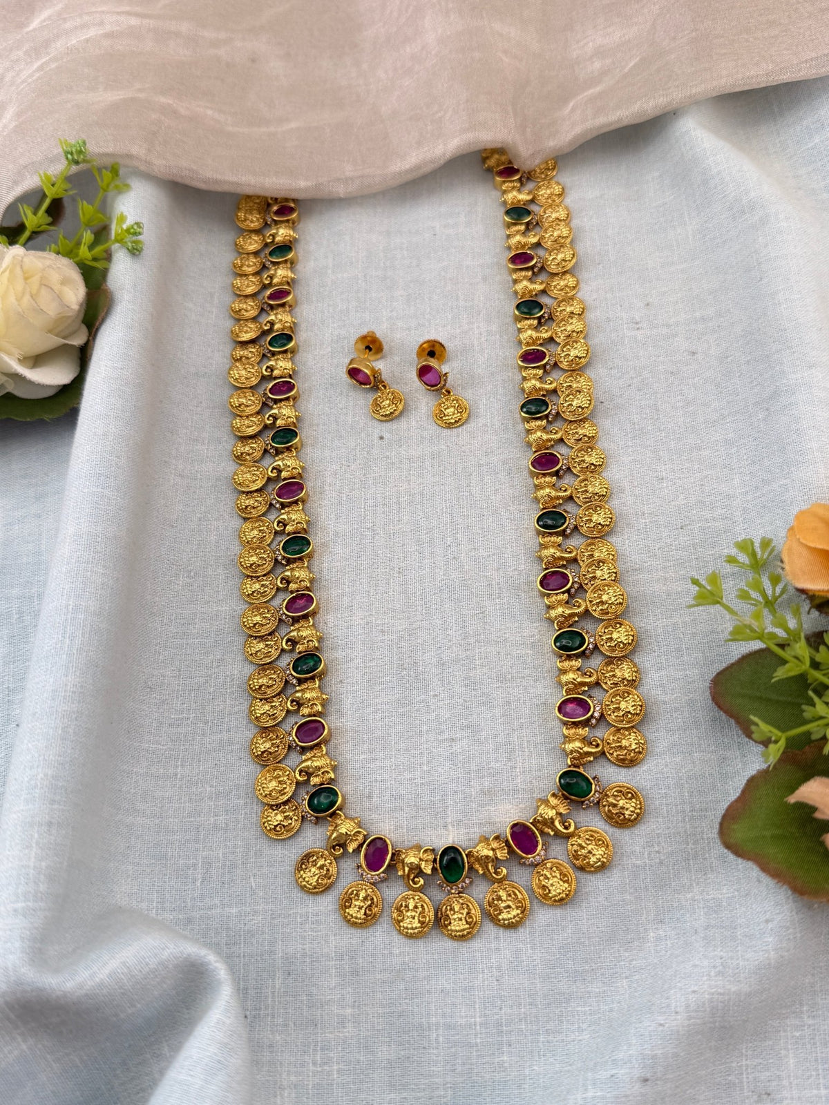 Antique Lakshmi Necklace Long Kaasu Set | N0076 - Mahilas
