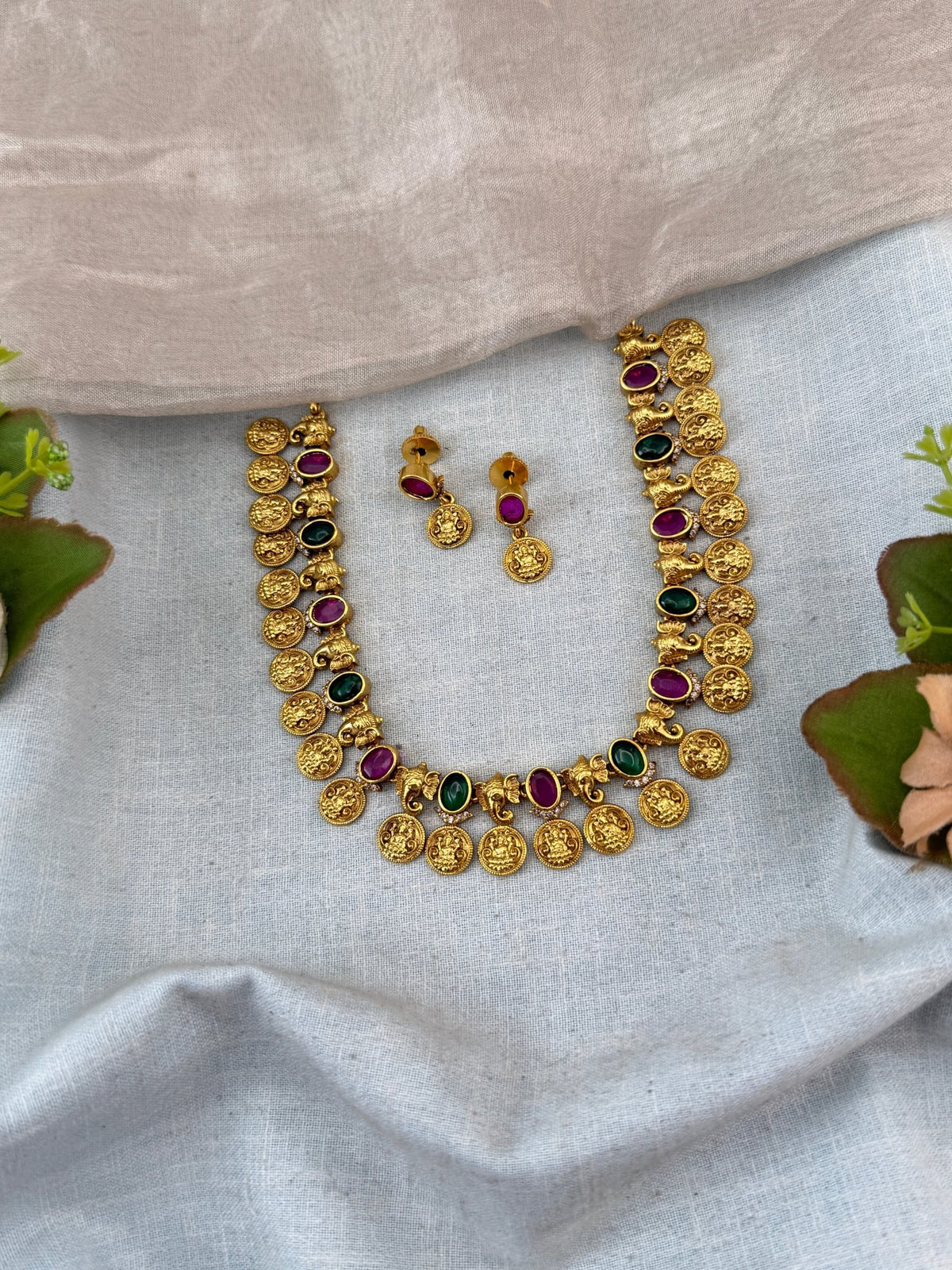 Antique Lakshmi Necklace Mid Long Kaasu Set | N0070 - Mahilas
