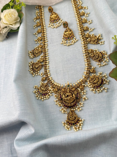Antique Lakshmi Pearl Long Necklace Set | 005 - Mahilas