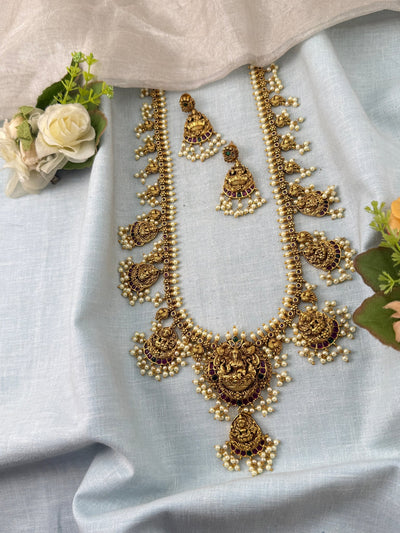 Antique Lakshmi Pearl Long Necklace Set | 005 - Mahilas