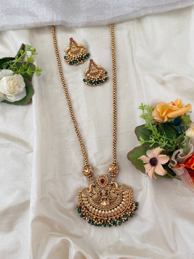 Antique Lakshmi Pendant Long Necklace Set | No228 - Mahilas