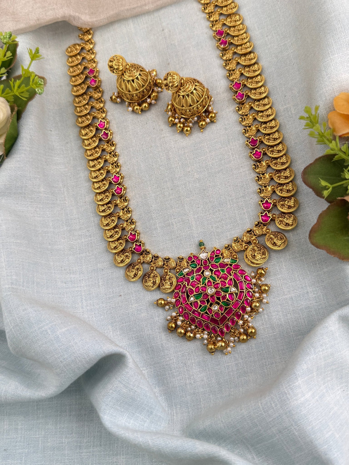 Antique Laksmi Kasu Jadau Kundan Pendant Long Necklace Set | 0113 - Mahilas