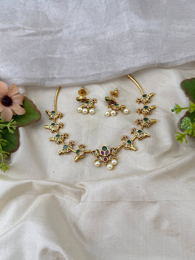 Antique Lotus Peacock Short Necklace Set | - Mahilas