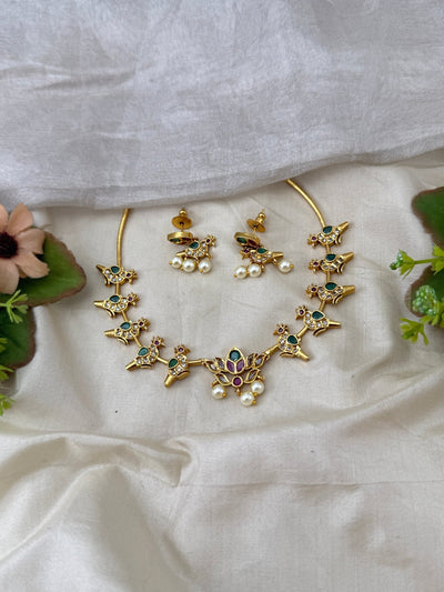 Antique Lotus Peacock Short Necklace Set | - Mahilas