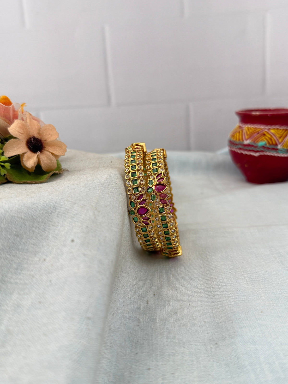 Antique Lotus Stone Bangles | Set of 2 | B0200 - Mahilas