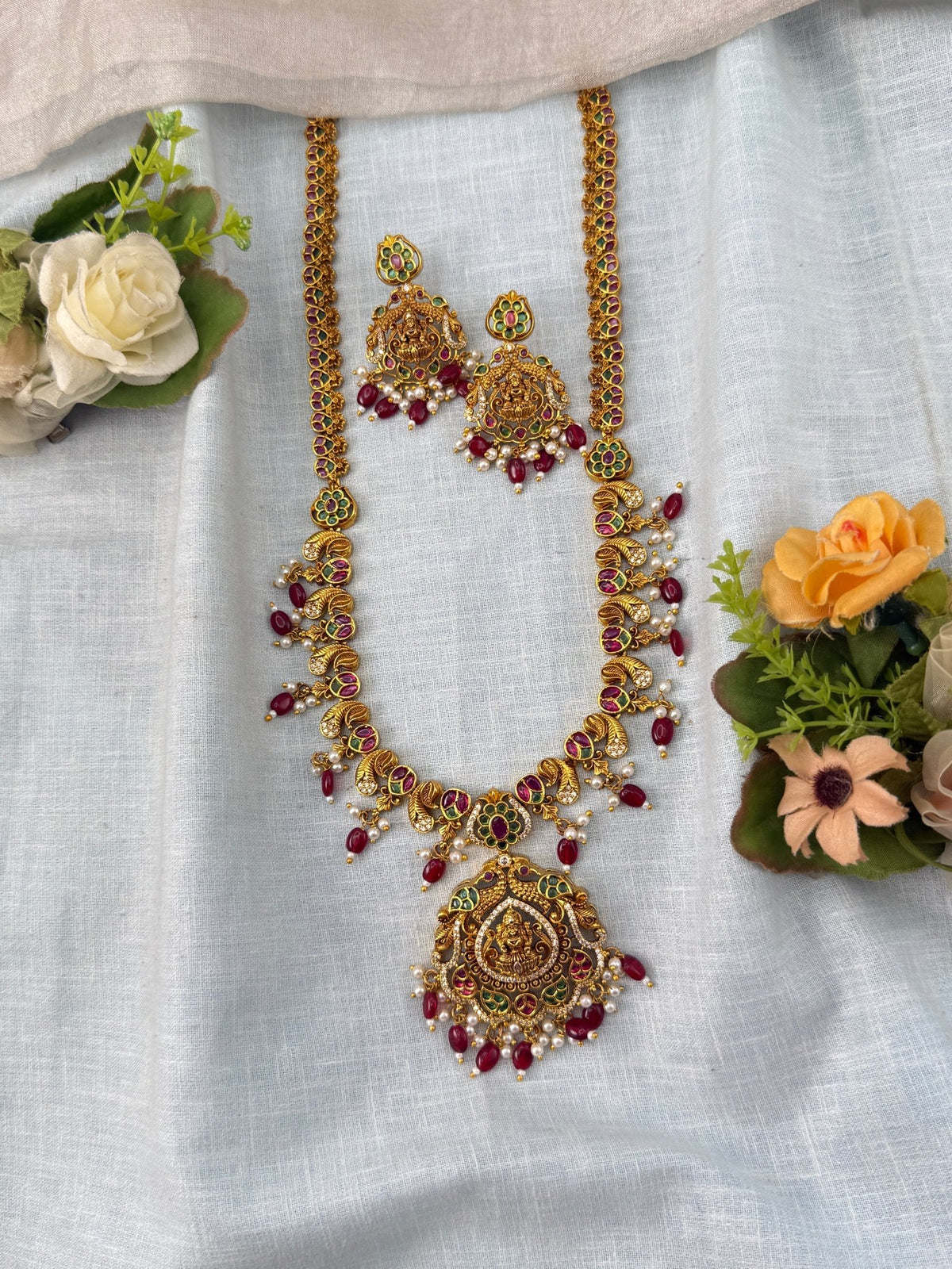 Antique Necklace Lakshmi Pendant Long Set | N0473 A - Mahilas