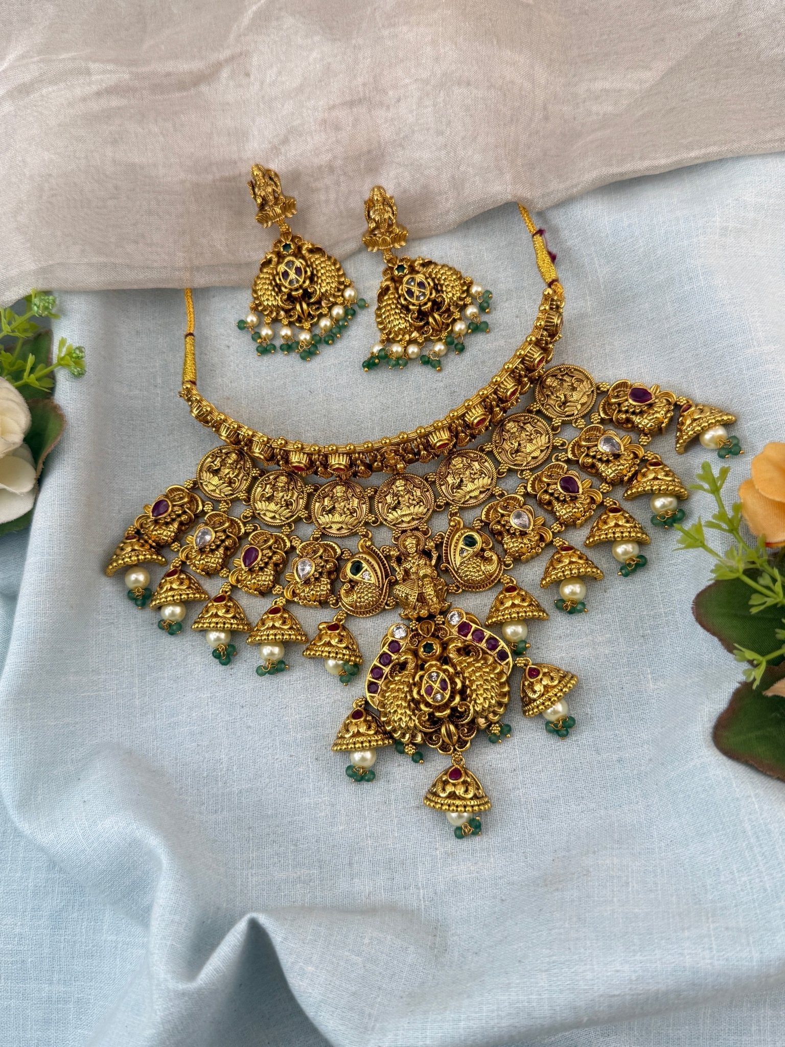 Antique Necklace Peacock Lakshmi Pendant Grand Choker Set | N0085 - Mahilas