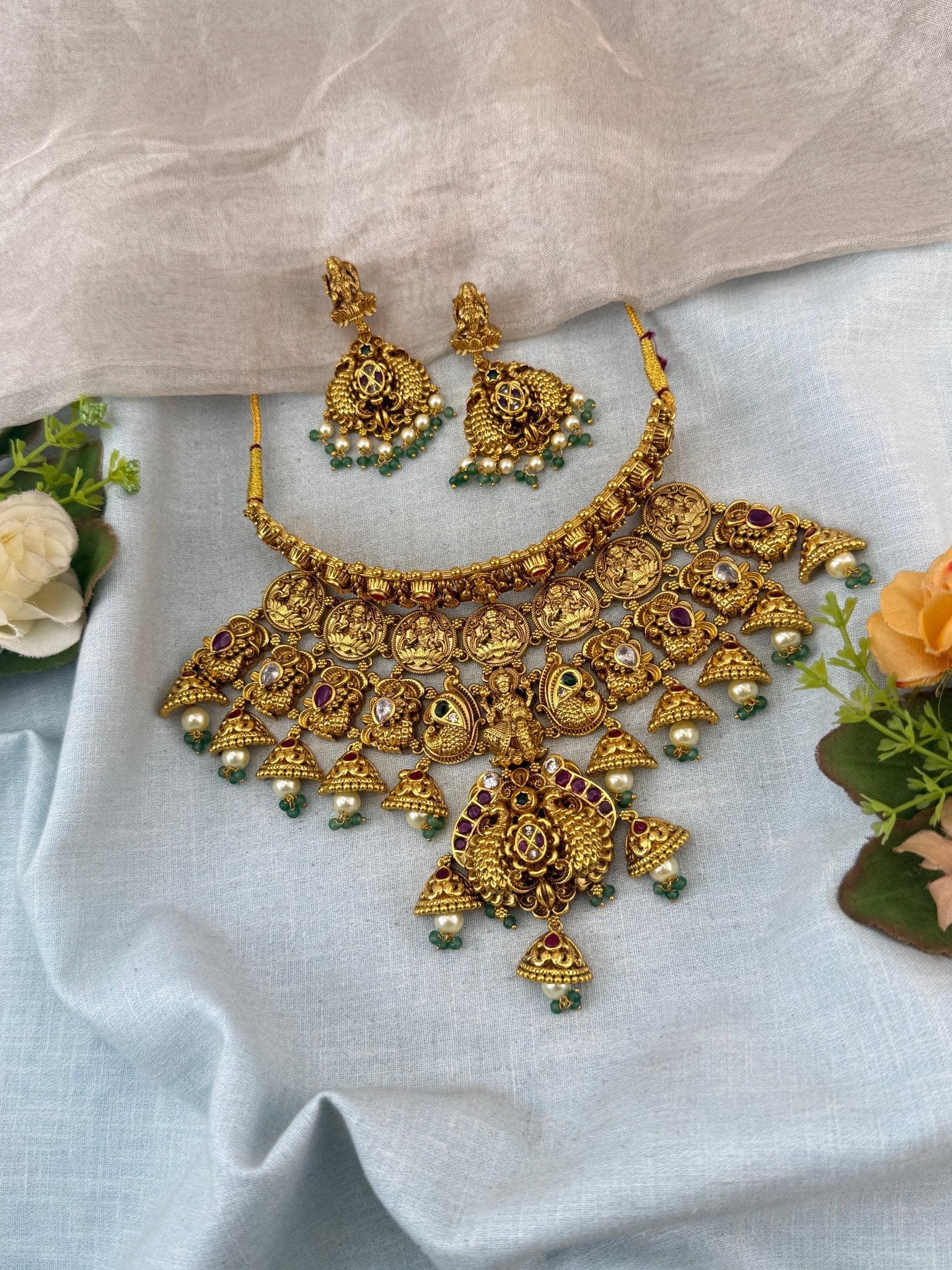 Antique Necklace Peacock Lakshmi Pendant Grand Choker Set | N0085 - Mahilas