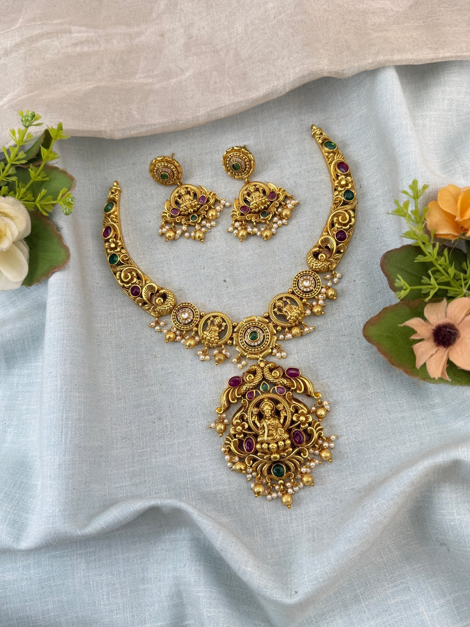 Antique Necklace Peacock Lakshmi Pendant Kanti Set | N0099 - Mahilas
