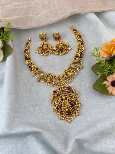 Antique Necklace Peacock Lakshmi Pendant Kanti Set | N0102 - Mahilas