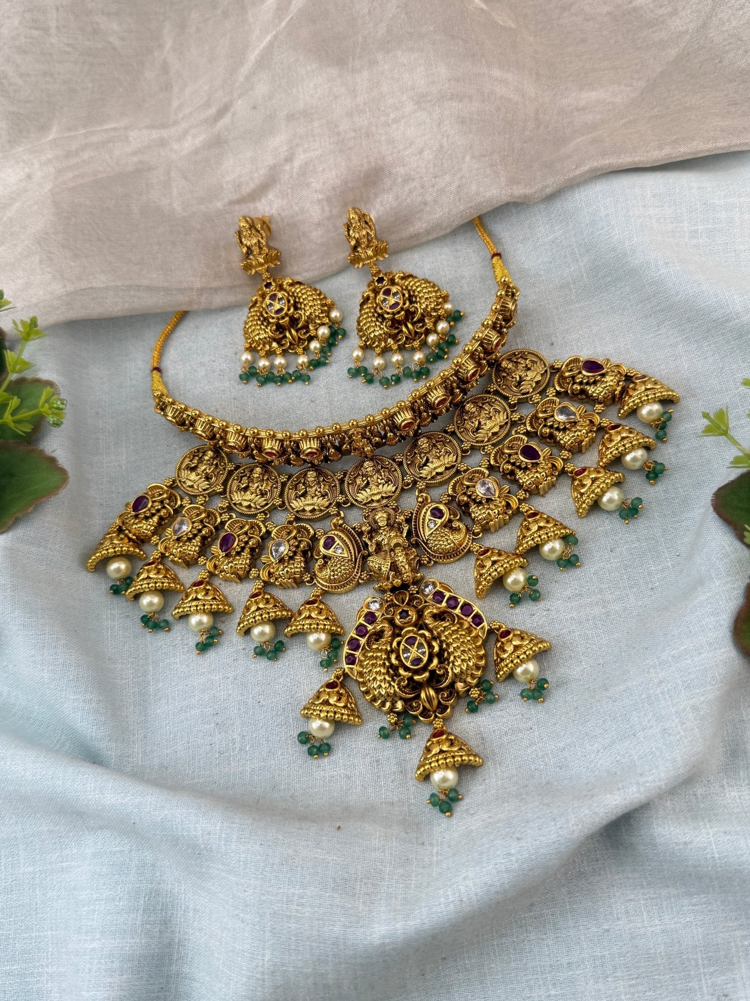 Antique Necklace Peacock Lakshmi Royal Choker Set | N0088 - Mahilas