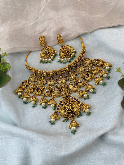 Antique Necklace Peacock Lakshmi Royal Choker Set | N0088 - Mahilas
