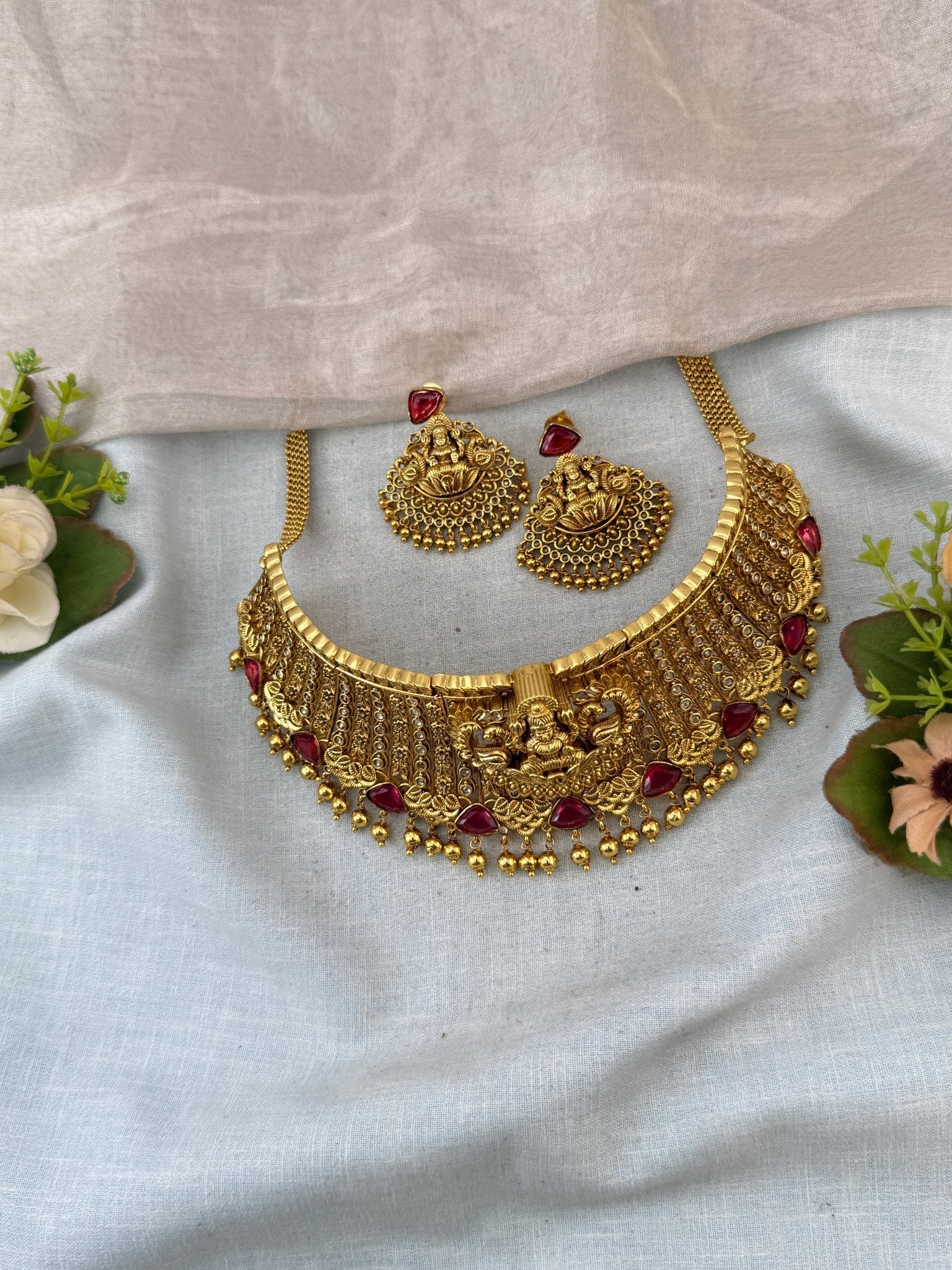 Antique Necklace Peacock Lakshmi Royal Choker Set | N0104 - Mahilas