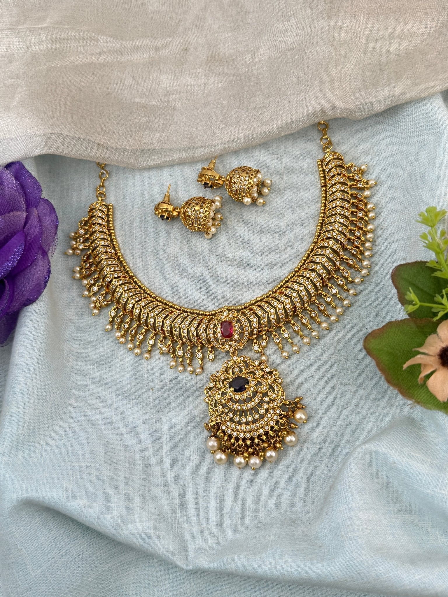 Antique Necklace Stone Pendant Royal Short Set | N0068 - Mahilas