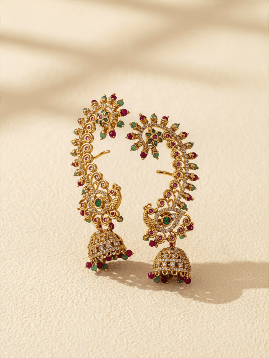Antique Peacock Earrcuff & Jhumka Combo Earrings| E0773 B - Mahilas