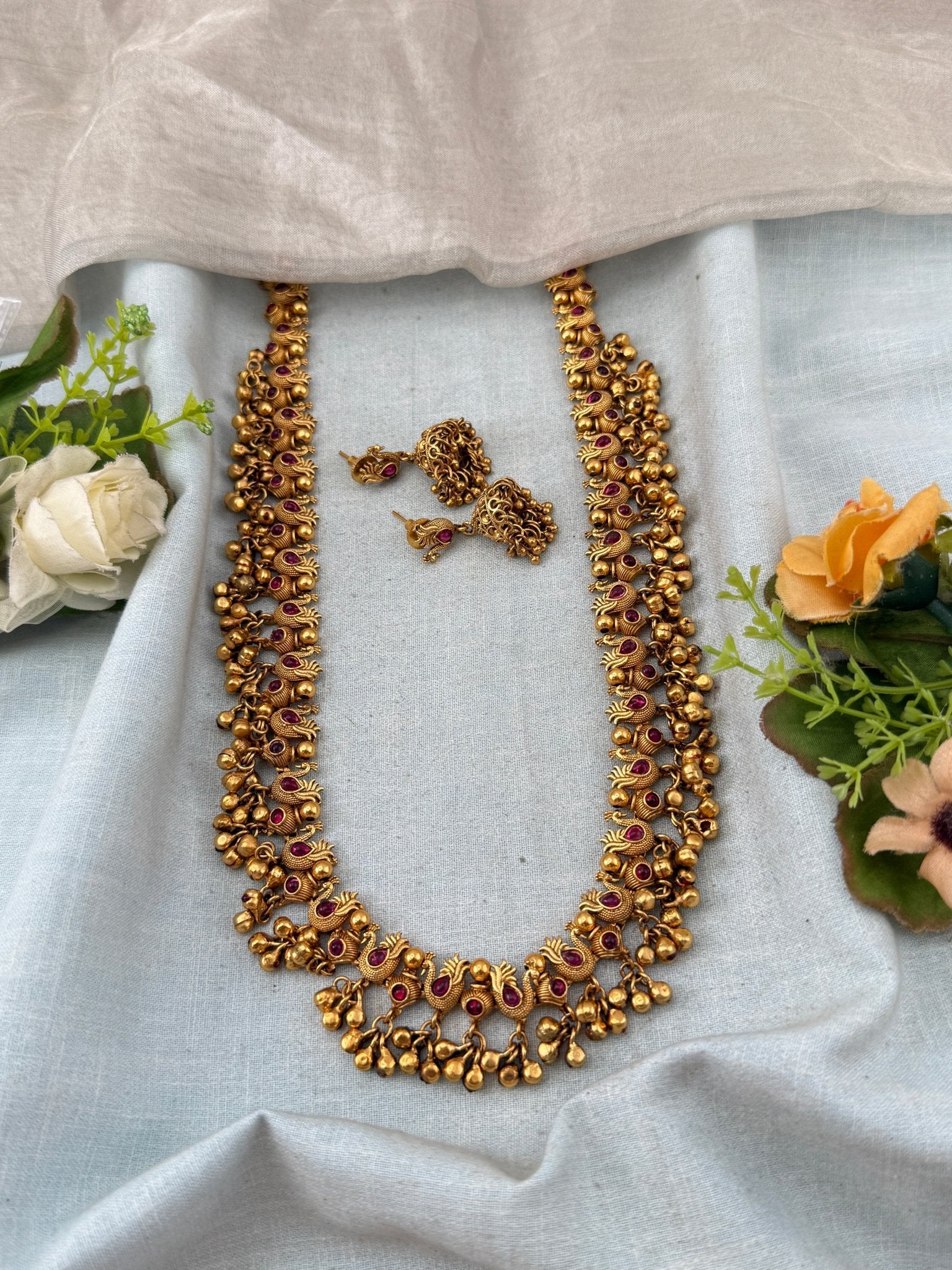 Antique Peacock Gajje Long Necklace Set | No231 - Mahilas