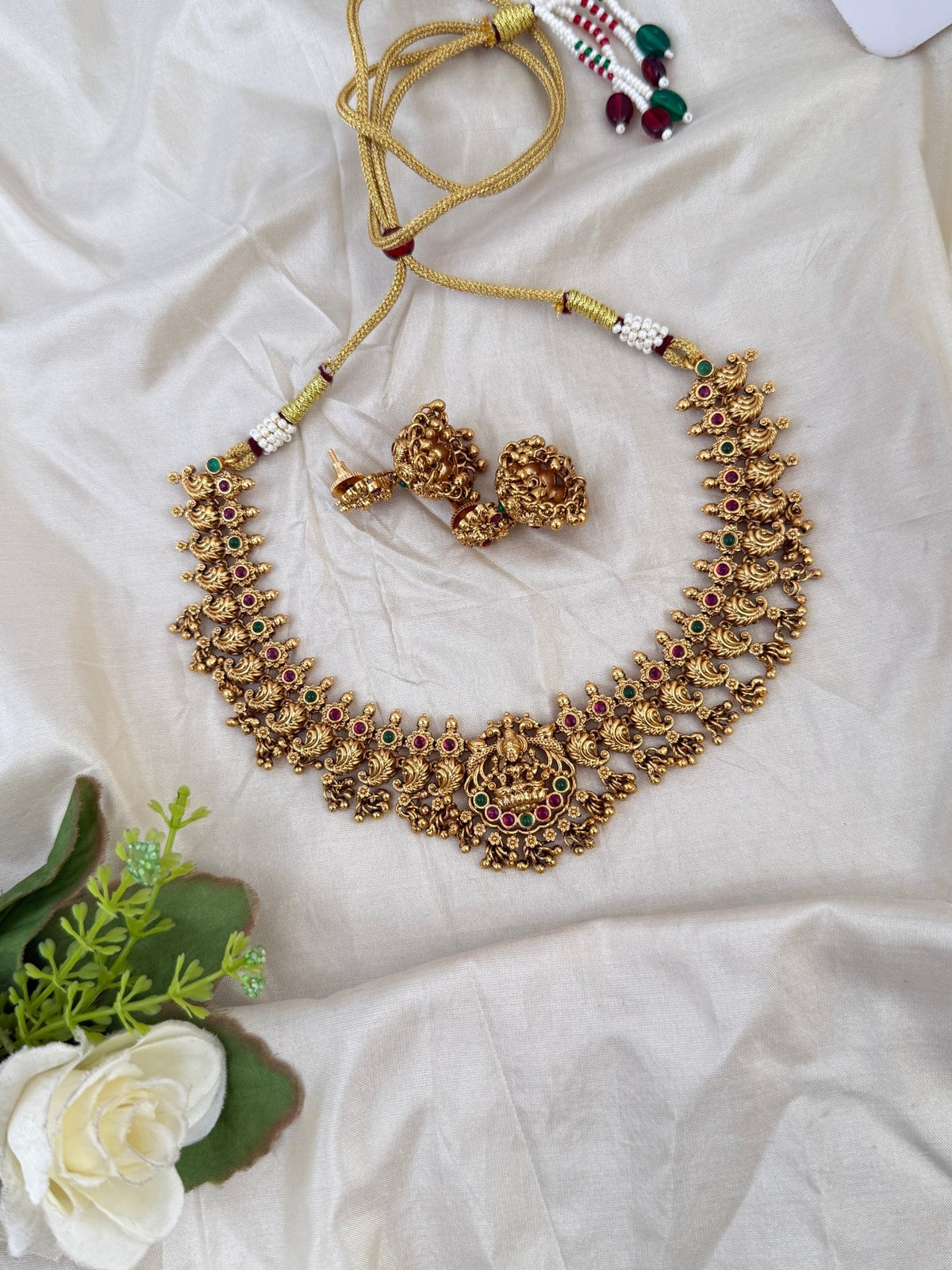 Antique Peacock Necklace Lakshmi Pendant Short Set| N0624 - Mahilas