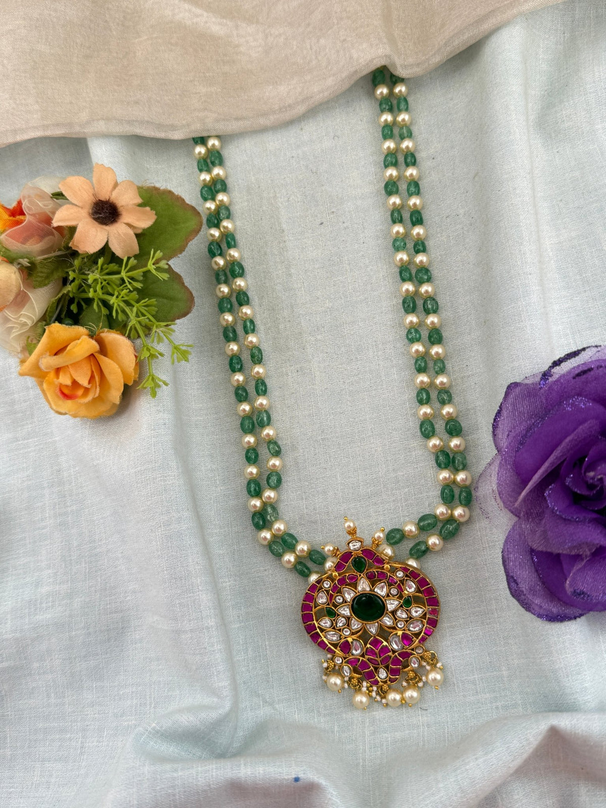 Antique Pearl Mid Long Jadau Pendant Beads Chain | 233 - Mahilas