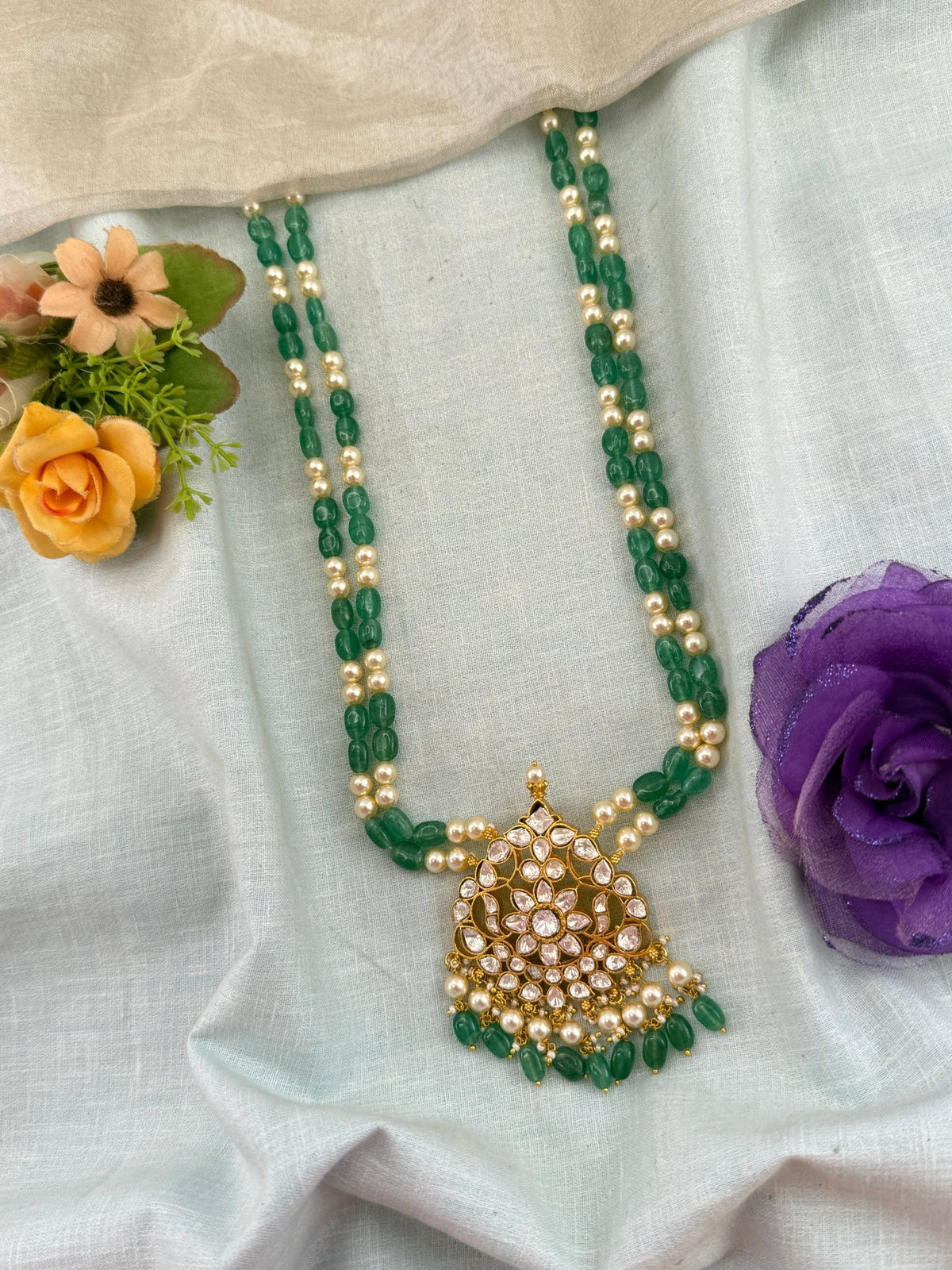 Antique Pearl Mid Long Kundan Pendant Beads Chain | 232 - Mahilas