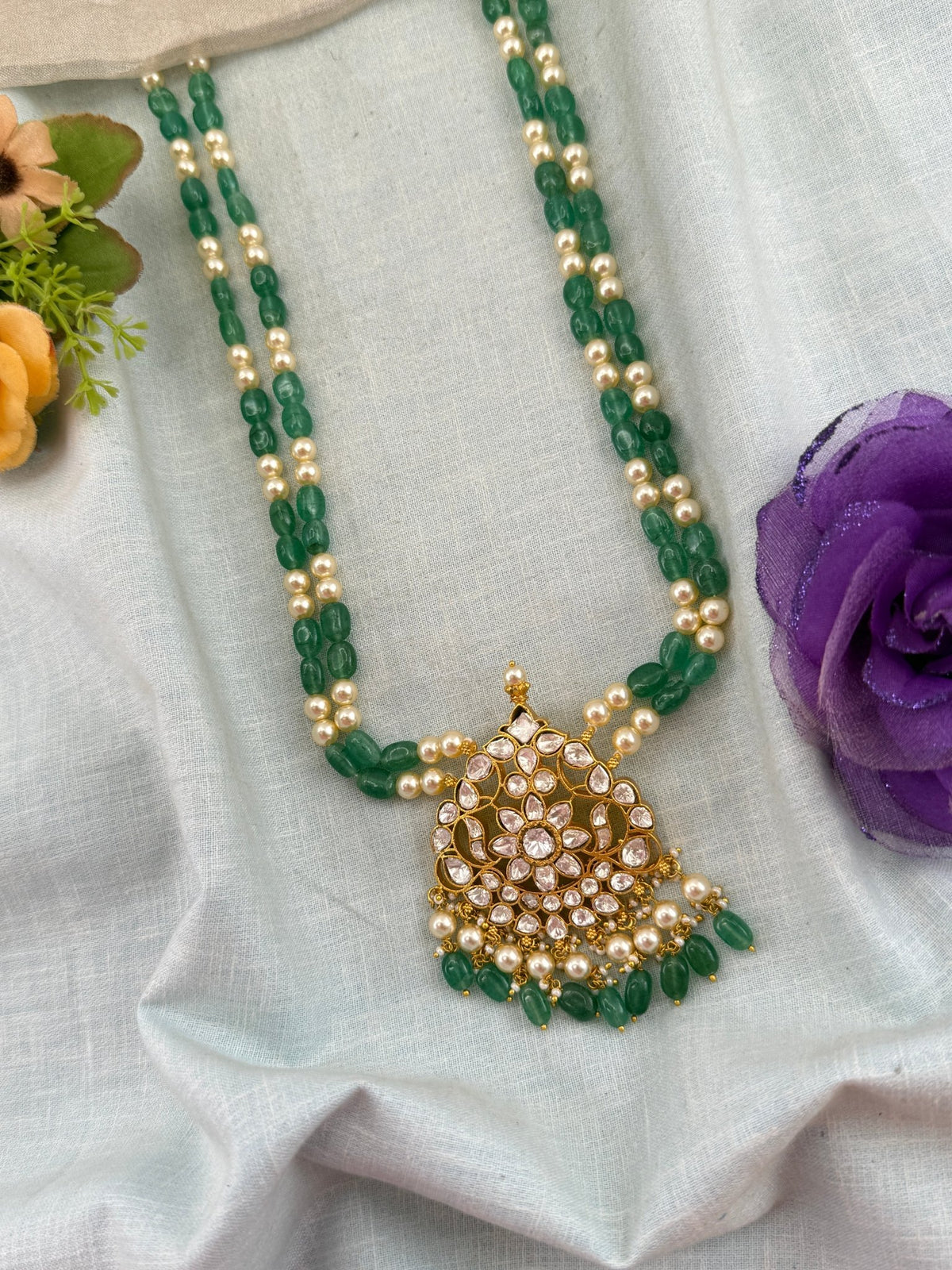 Antique Pearl Mid Long Kundan Pendant Beads Chain | 232 - Mahilas