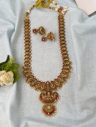 Antique Royal Necklace Lakshmi Pendant Premium Long Set | N1018 - Mahilas