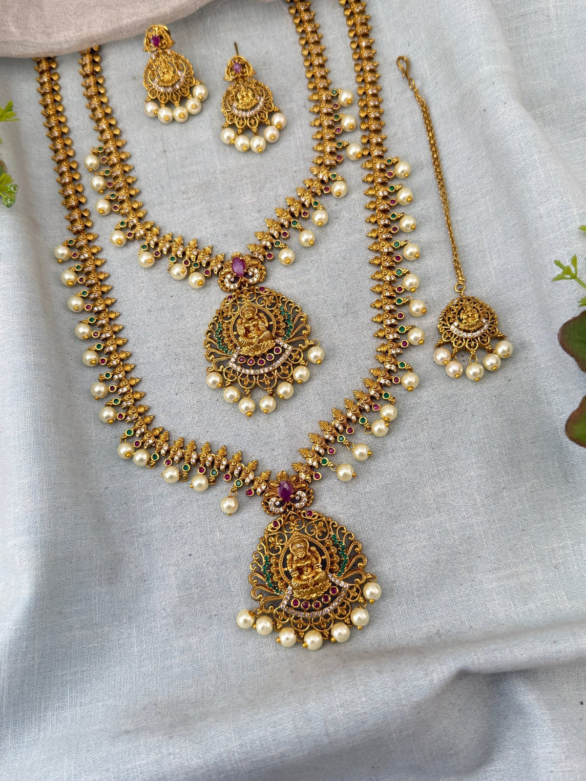 Antique Semi Bridal Lakshmi Pendant Necklace Set Combo | N0343 - Mahilas