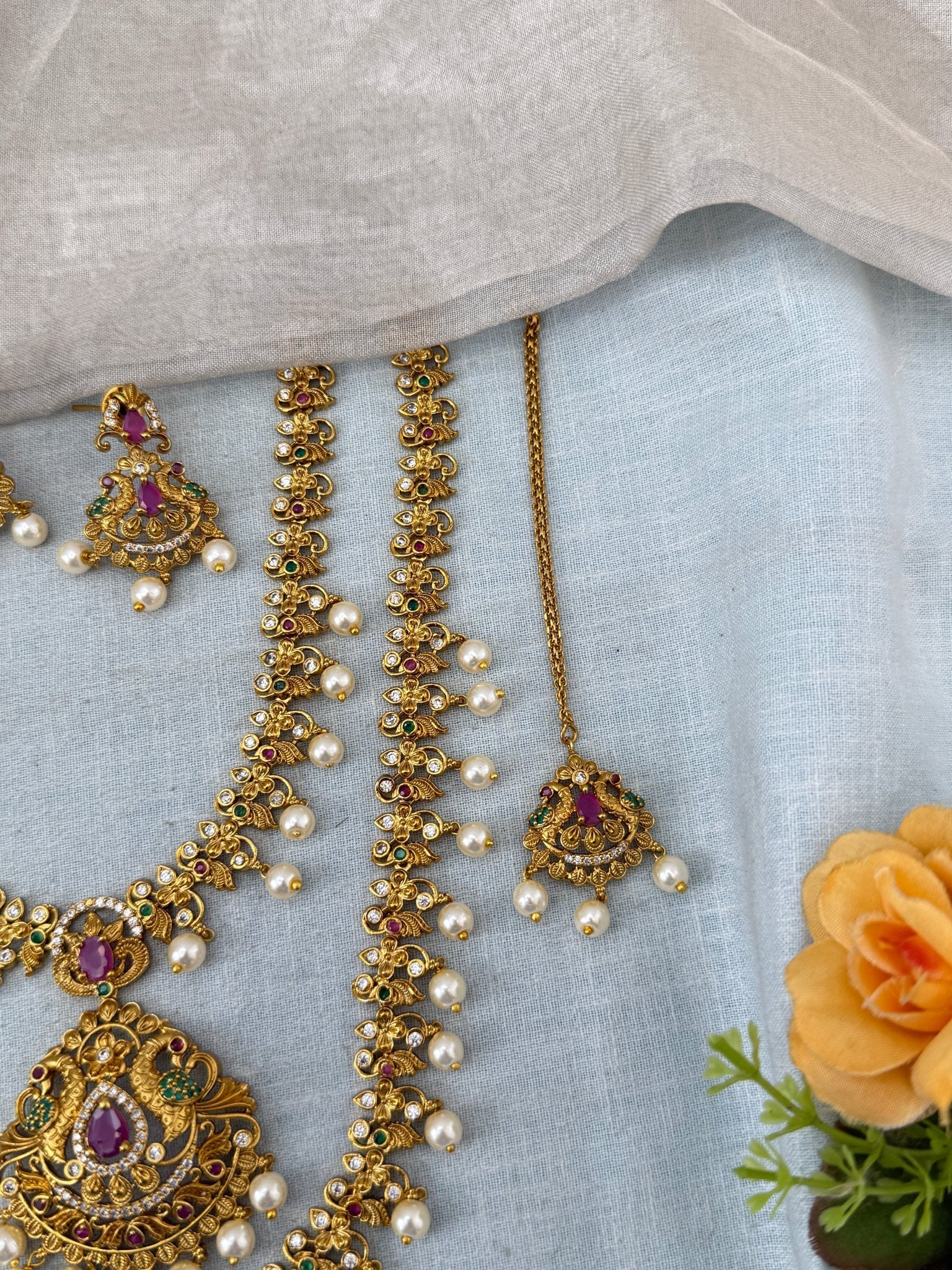 Antique Semi Bridal Peacock Pendant Necklace Set Combo | N0340 - Mahilas