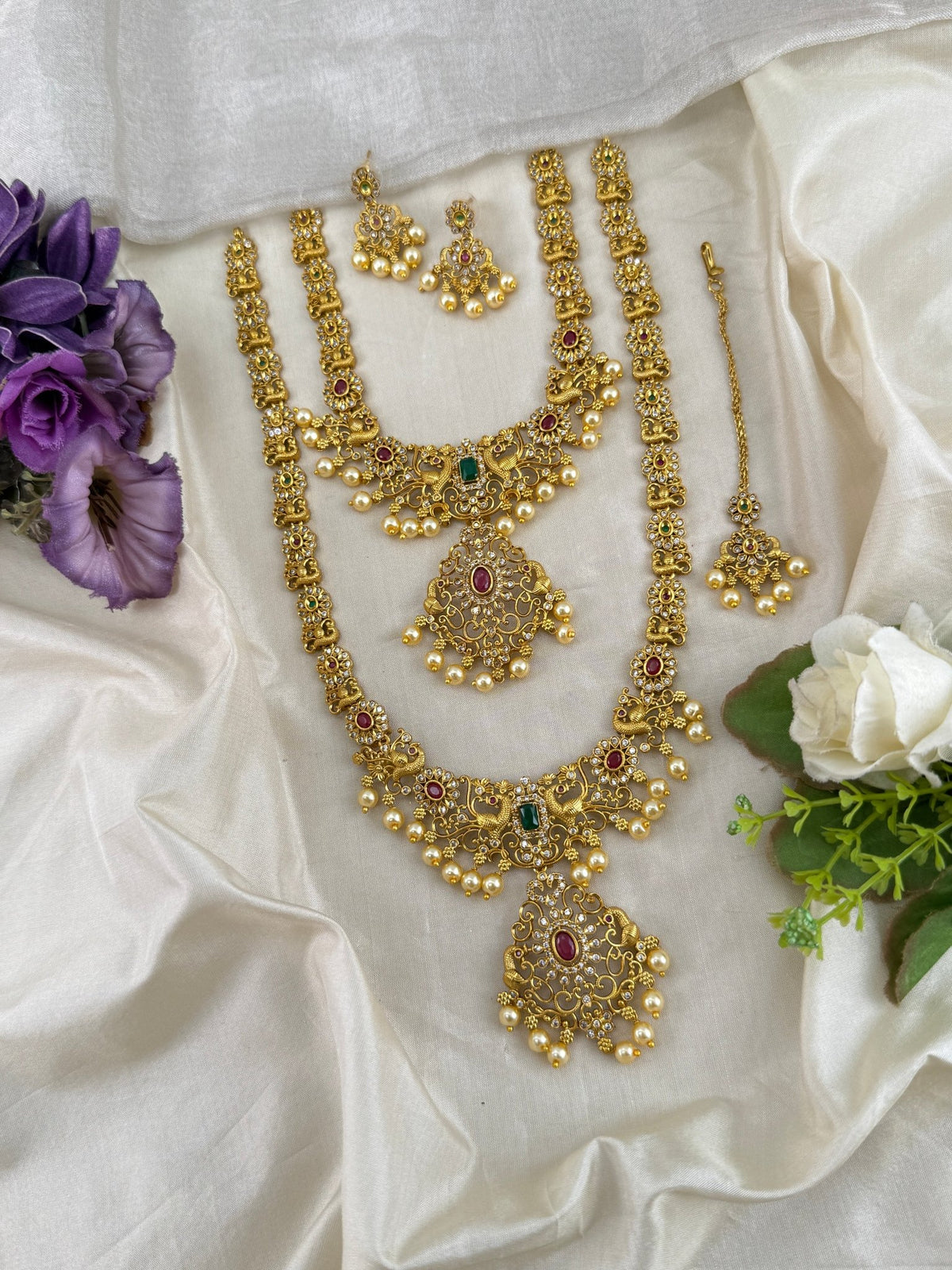 Antique Semi Bridal Stone Pendant Necklace Set | Combo | 0100 - Mahilas