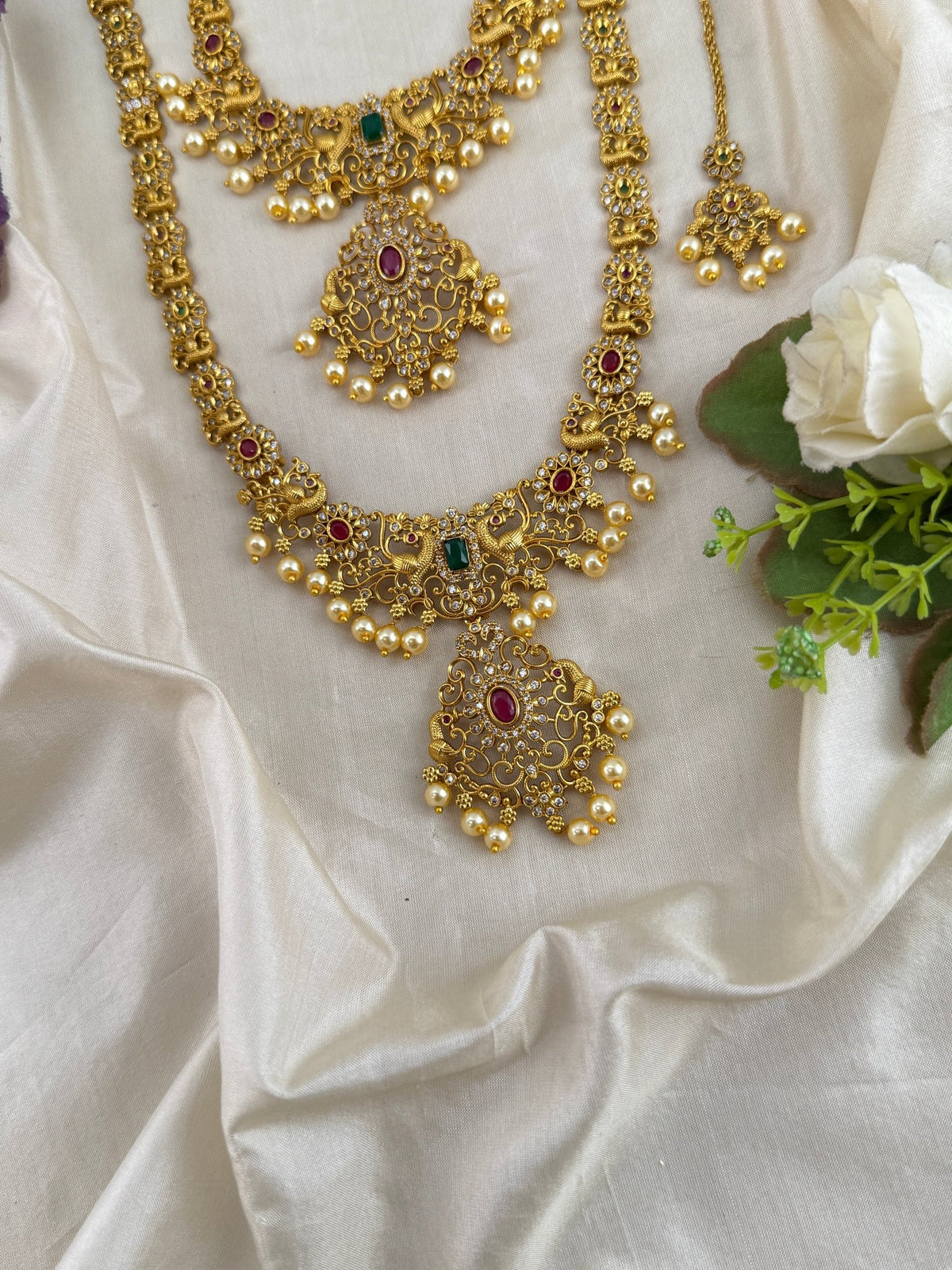 Antique Semi Bridal Stone Pendant Necklace Set | Combo | 0100 - Mahilas