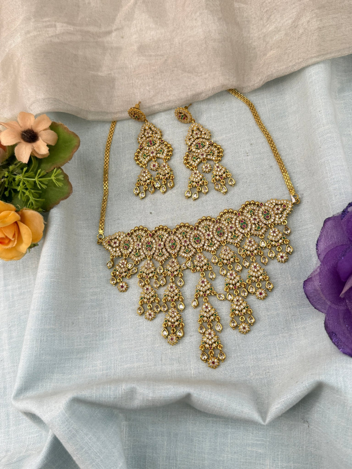 Antique Stone Short Necklace Set | 049 - Mahilas