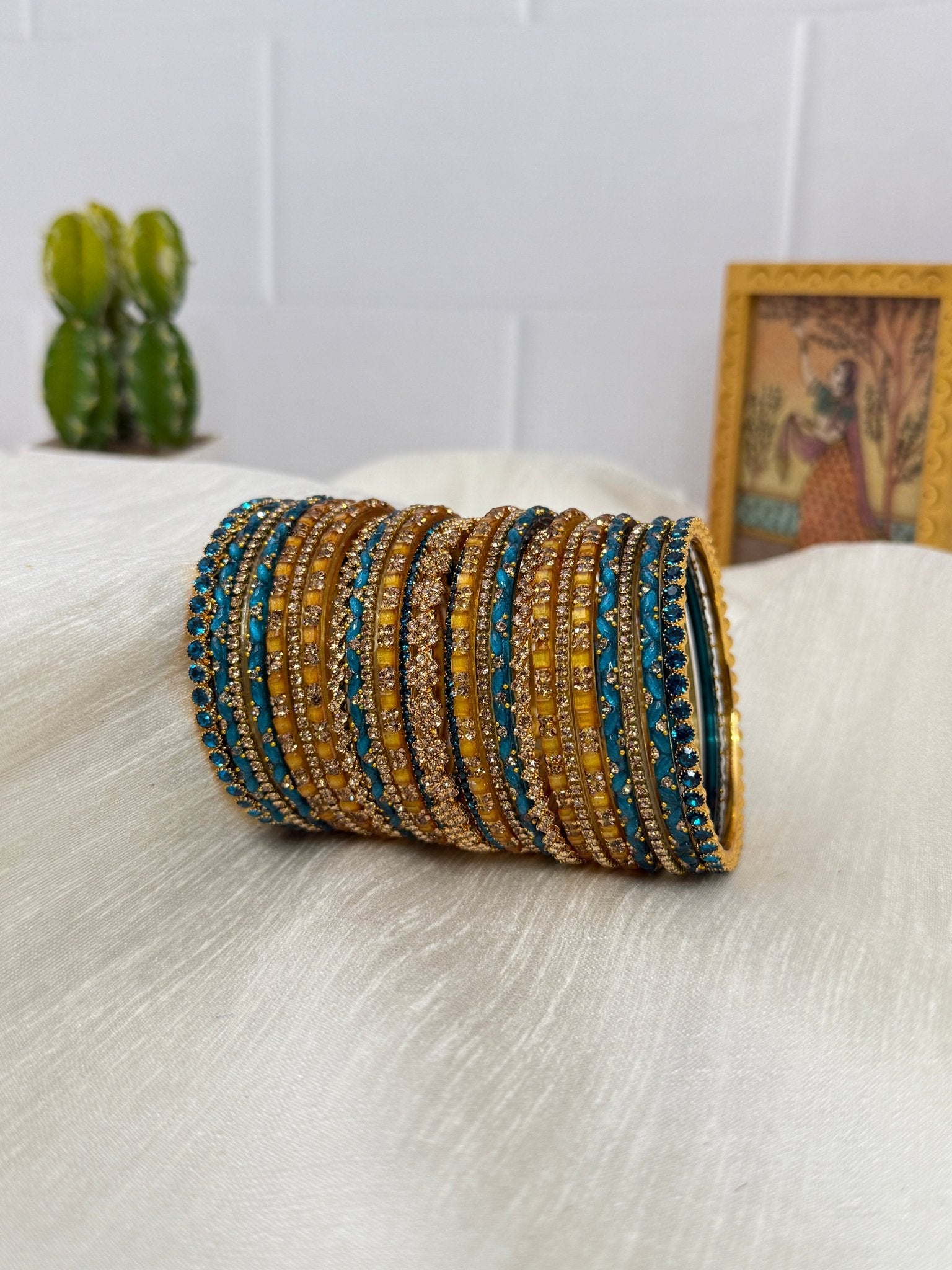 Beautiful Mustard Yellow and Blue Glass & Stone Bangle Set - 5115 - Mahilas