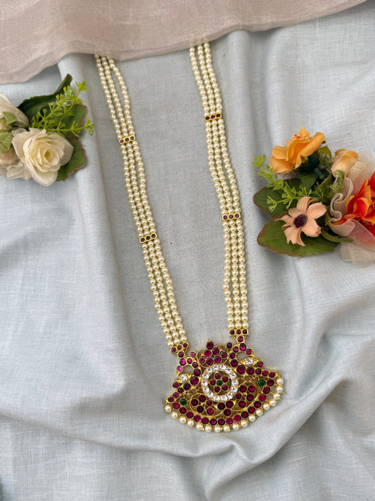 Bharatanatyam Necklace Pearl Layers Pure Brass Long Set | T0053 - Mahilas