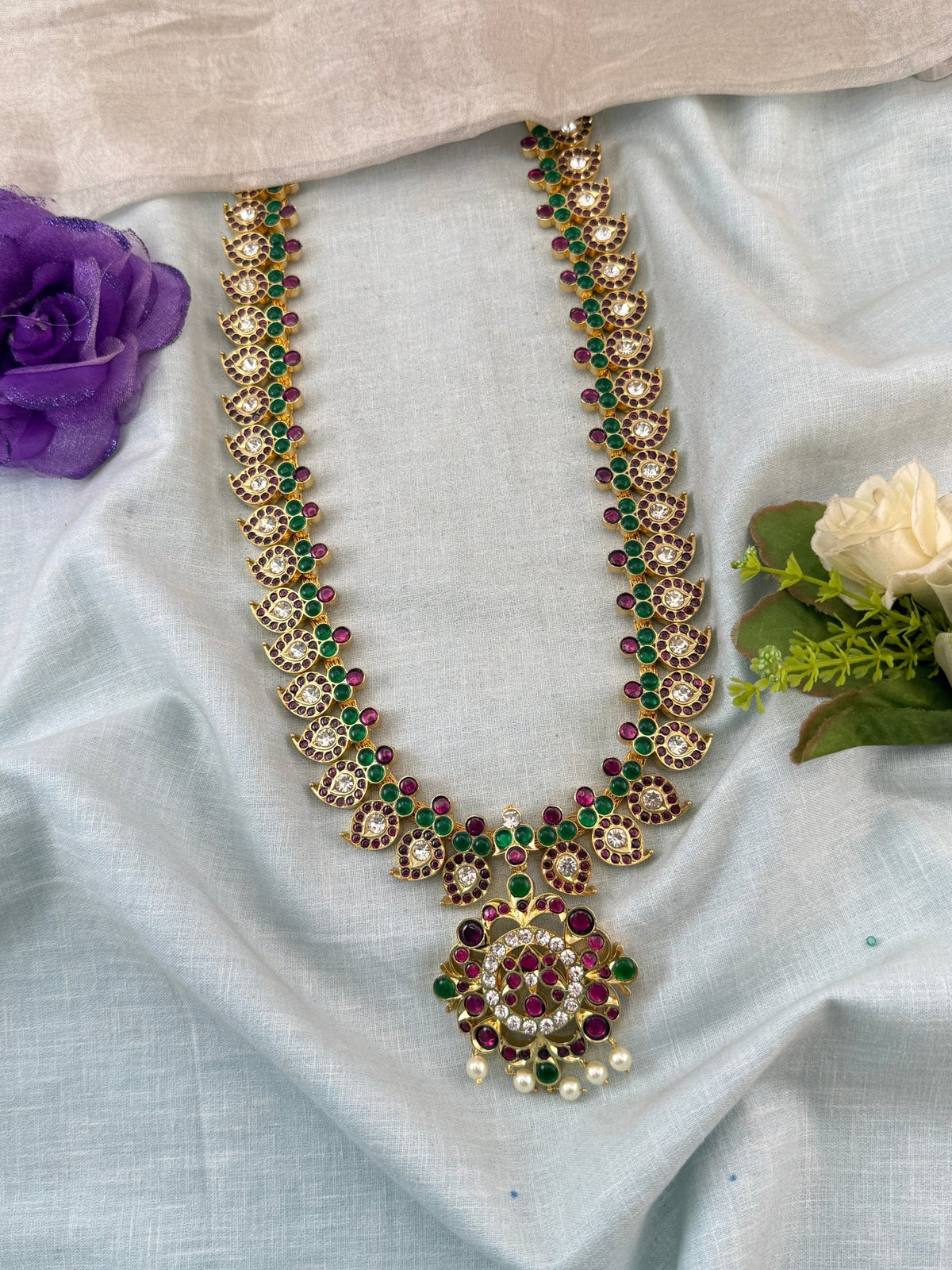 Bharatnatyam Classical Necklace Temple in Pure Premium Brass Long | T0010 - Mahilas
