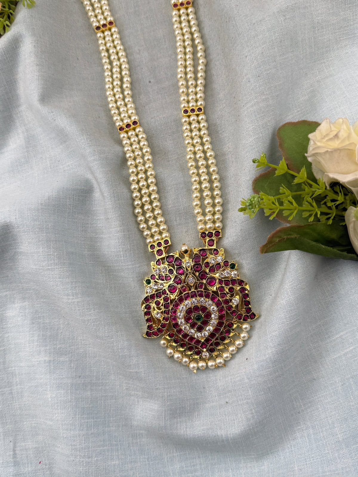 Bharatnatyam Necklace Pearl Layers Pure Brass Long Set | N0147 - Mahilas