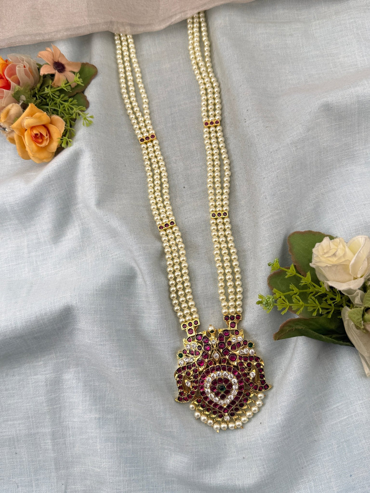 Bharatnatyam Necklace Pearl Layers Pure Brass Long Set | N0147 - Mahilas