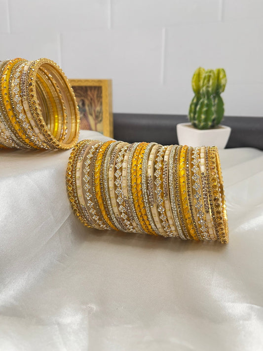 Biscuit & Yellow Glass and Stone Bangle Set 5041 - Mahilas