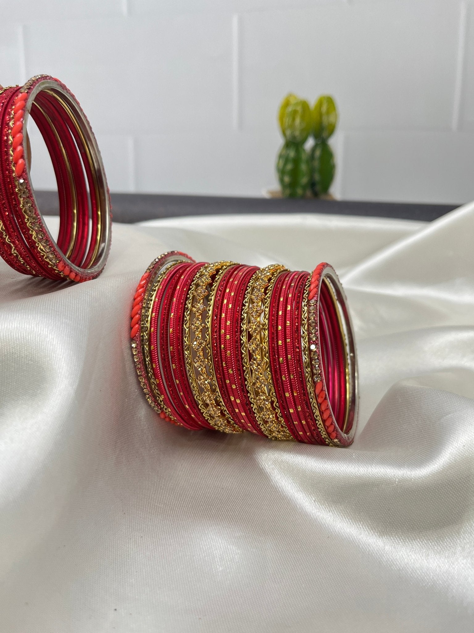 Bright Red & Gold Stone Bangle Set 5048 - Mahilas