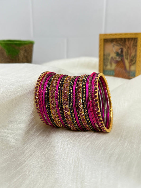 Dark Rani Pink and Dark Brown Metal & Stone Bangle Set 5100 - Mahilas